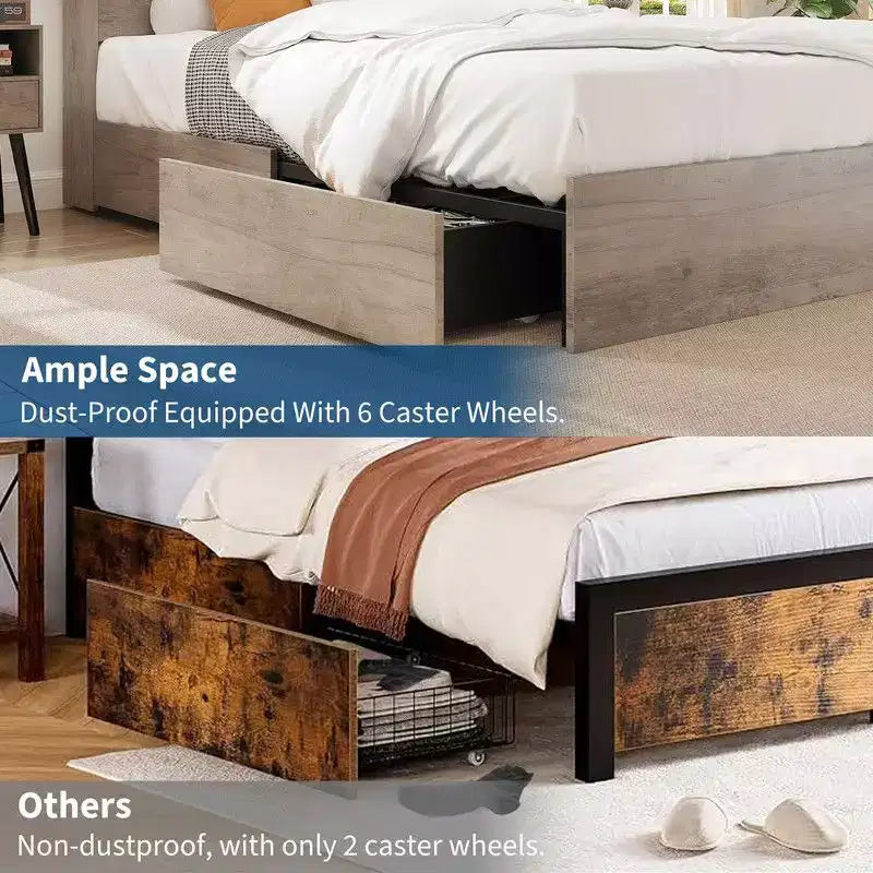 Cadre de lit double/grand lit avec tête de lit bibliothèque à rangement élevé, cadre de lit en bois avec 4 tiroirs de rangement, station de charge intégrée