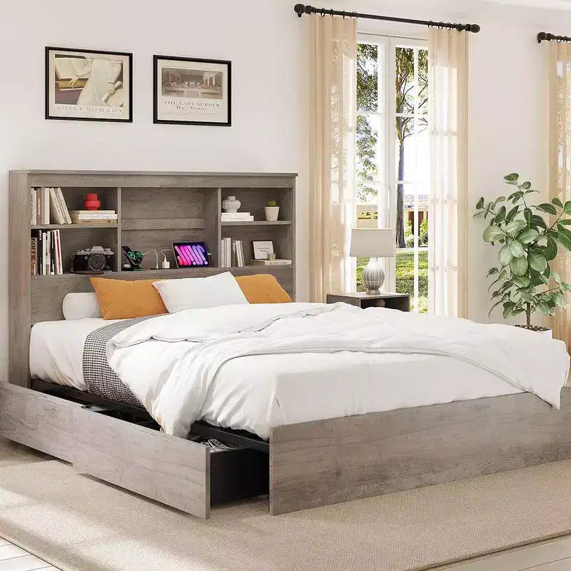 Coolmee Full/Queen Size Bed Frame with High Storage Bookcase Headboard, Wood Bed Frame with 4 Storage Drawers, Built in Charging Station