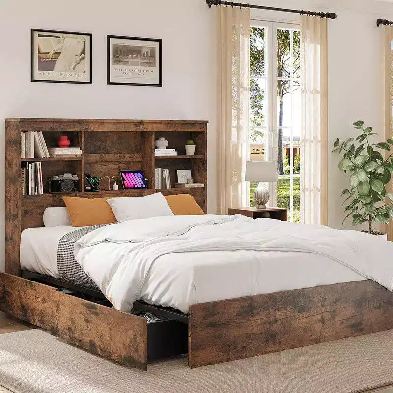 Cadre de lit double/grand lit avec tête de lit bibliothèque à rangement élevé, cadre de lit en bois avec 4 tiroirs de rangement, station de charge intégrée