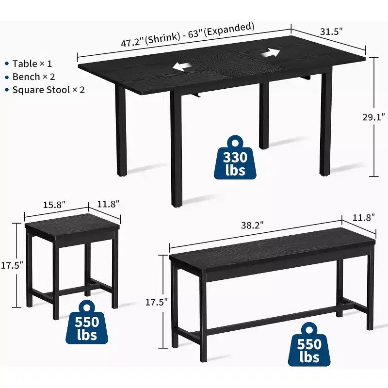 Grand ensemble de table de cuisine extensible de 47,2 po, avec 2 bancs et 2 tabourets carrés