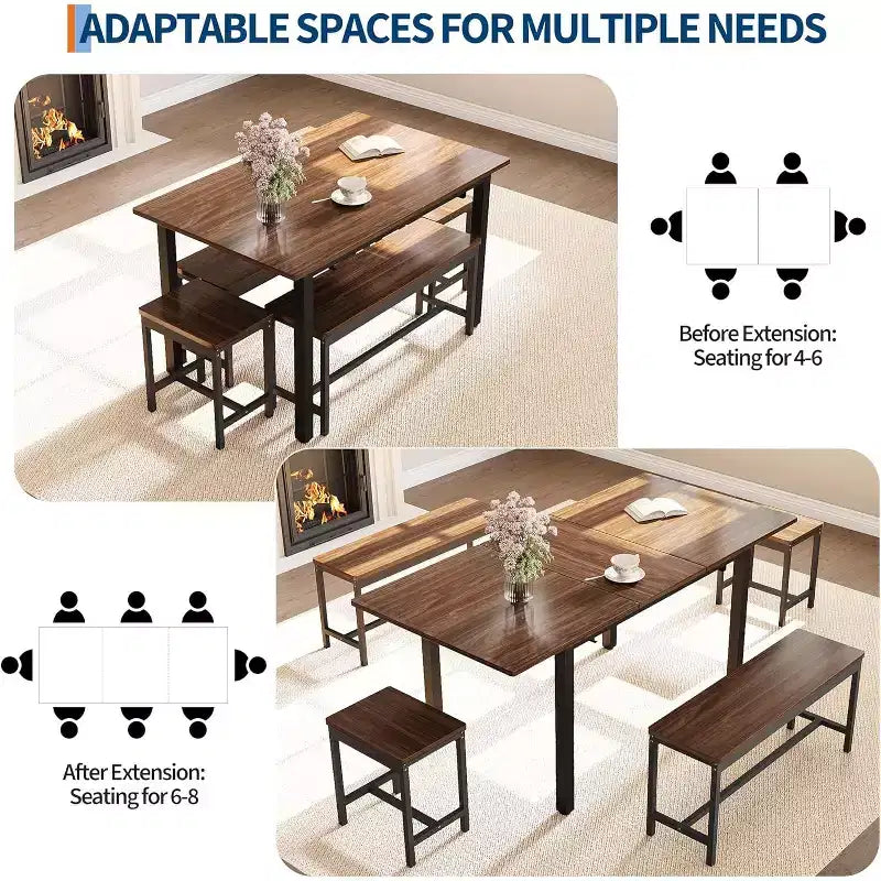 Grand ensemble de table de cuisine extensible de 47,2 po, avec 2 bancs et 2 tabourets carrés