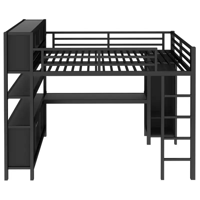 Lit mezzanine en métal avec armoire et bureau en L, lit mezzanine Queen Size avec cubes de rangement et étagères, lit mezzanine robuste pour enfants, adolescents et adultes, blanc