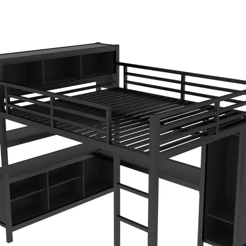 Lit mezzanine en métal avec armoire et bureau en L, lit mezzanine Queen Size avec cubes de rangement et étagères, lit mezzanine robuste pour enfants, adolescents et adultes, blanc