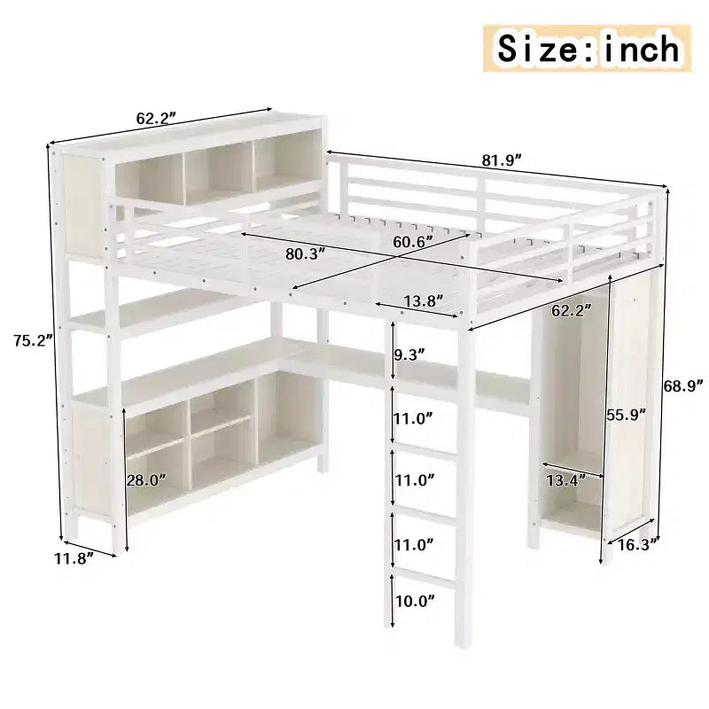 Lit mezzanine en métal avec armoire et bureau en L, lit mezzanine Queen Size avec cubes de rangement et étagères, lit mezzanine robuste pour enfants, adolescents et adultes, blanc