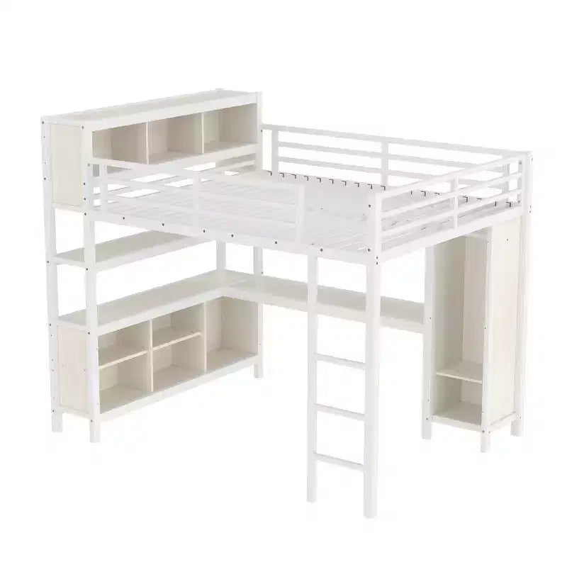 Lit mezzanine en métal avec armoire et bureau en L, lit mezzanine Queen Size avec cubes de rangement et étagères, lit mezzanine robuste pour enfants, adolescents et adultes, blanc