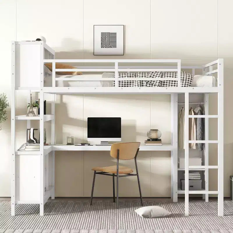 Lit mezzanine en métal avec armoire et bureau en L, lit mezzanine Queen Size avec cubes de rangement et étagères, lit mezzanine robuste pour enfants, adolescents et adultes, blanc