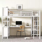 Lit mezzanine en métal avec armoire et bureau en L, lit mezzanine Queen Size avec cubes de rangement et étagères, lit mezzanine robuste pour enfants, adolescents et adultes, blanc
