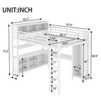 Lit mezzanine en métal avec armoire et bureau en L, lit mezzanine Queen Size avec cubes de rangement et étagères, lit mezzanine robuste pour enfants, adolescents et adultes, blanc