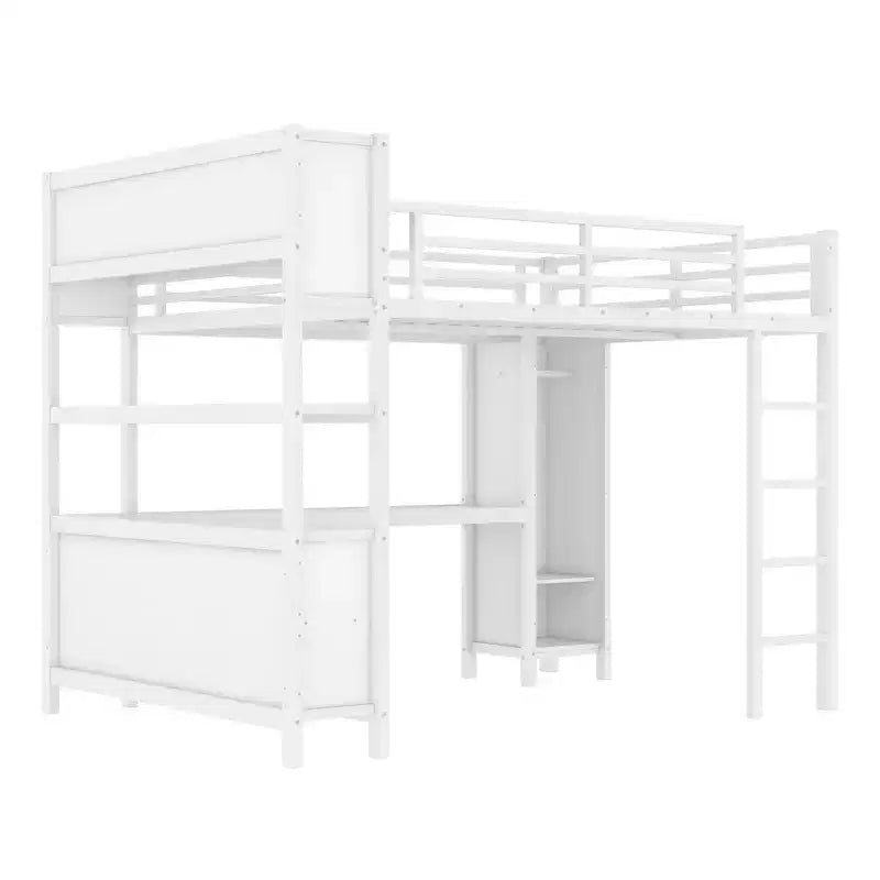 Lit mezzanine en métal avec armoire et bureau en L, lit mezzanine Queen Size avec cubes de rangement et étagères, lit mezzanine robuste pour enfants, adolescents et adultes, blanc