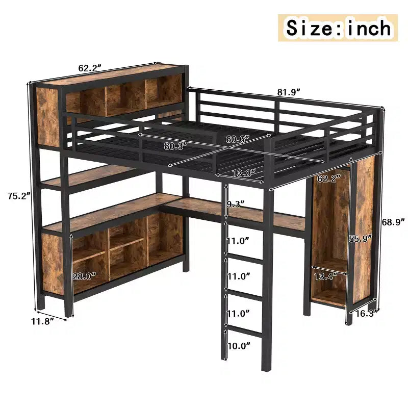 Lit mezzanine en métal avec armoire et bureau en L, lit mezzanine Queen Size avec cubes de rangement et étagères, lit mezzanine robuste pour enfants, adolescents et adultes, blanc