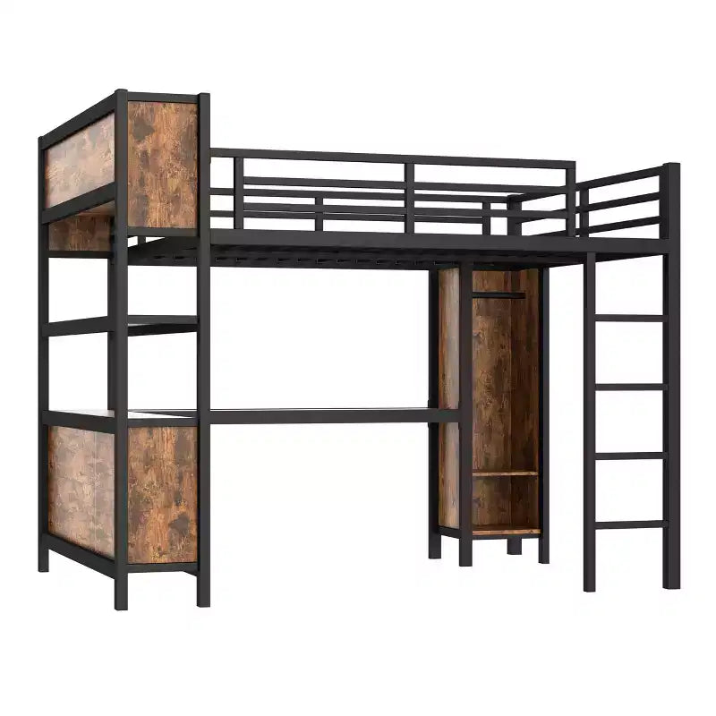 Lit mezzanine en métal avec armoire et bureau en L, lit mezzanine Queen Size avec cubes de rangement et étagères, lit mezzanine robuste pour enfants, adolescents et adultes, blanc