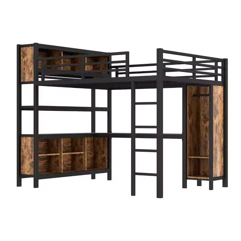 Lit mezzanine en métal avec armoire et bureau en L, lit mezzanine Queen Size avec cubes de rangement et étagères, lit mezzanine robuste pour enfants, adolescents et adultes, blanc