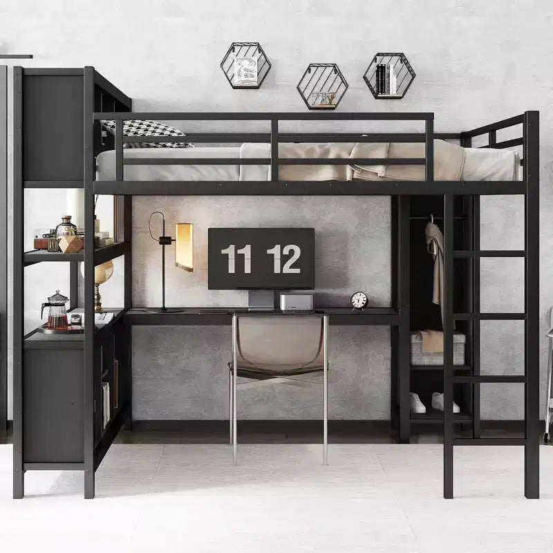 Lit mezzanine en métal avec armoire et bureau en L, lit mezzanine Queen Size avec cubes de rangement et étagères, lit mezzanine robuste pour enfants, adolescents et adultes, blanc