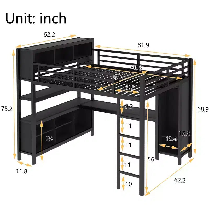 Lit mezzanine en métal avec armoire et bureau en L, lit mezzanine Queen Size avec cubes de rangement et étagères, lit mezzanine robuste pour enfants, adolescents et adultes, blanc