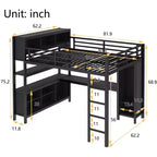 Lit mezzanine en métal avec armoire et bureau en L, lit mezzanine Queen Size avec cubes de rangement et étagères, lit mezzanine robuste pour enfants, adolescents et adultes, blanc