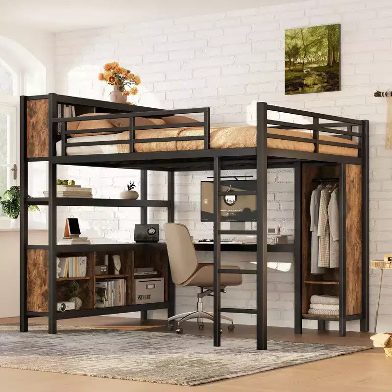 Lit mezzanine en métal avec armoire et bureau en L, lit mezzanine Queen Size avec cubes de rangement et étagères, lit mezzanine robuste pour enfants, adolescents et adultes, blanc