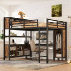 Lit mezzanine en métal avec armoire et bureau en L, lit mezzanine Queen Size avec cubes de rangement et étagères, lit mezzanine robuste pour enfants, adolescents et adultes, blanc