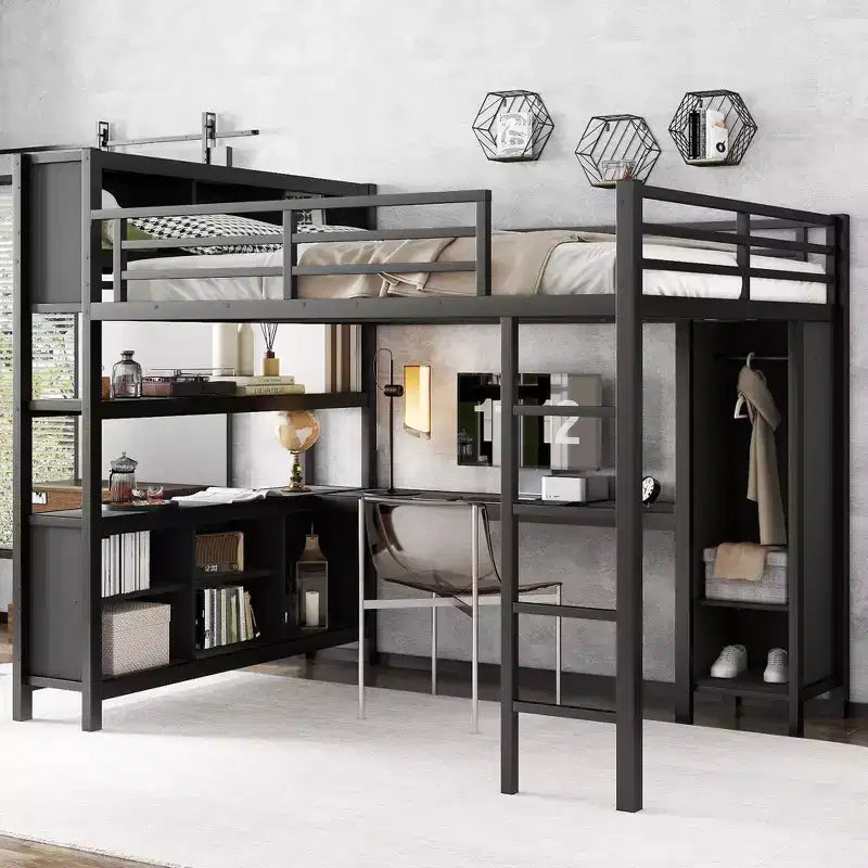 Lit mezzanine en métal avec armoire et bureau en L, lit mezzanine Queen Size avec cubes de rangement et étagères, lit mezzanine robuste pour enfants, adolescents et adultes, blanc