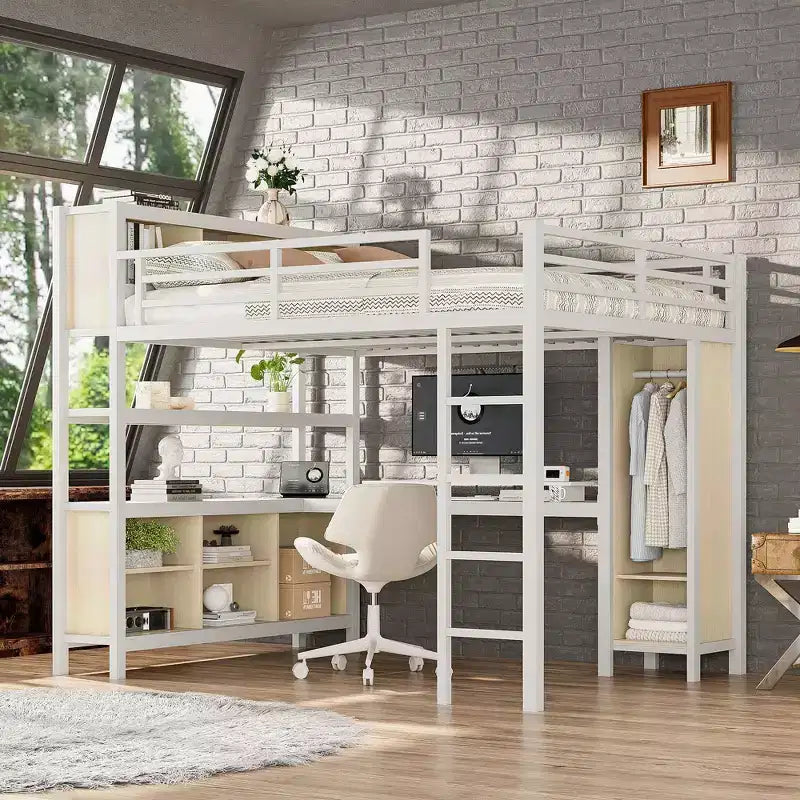 Lit mezzanine en métal avec armoire et bureau en L, lit mezzanine Queen Size avec cubes de rangement et étagères, lit mezzanine robuste pour enfants, adolescents et adultes, blanc