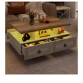 Wood Farmhouse Industrial Cocktail Center LED Coffee Table with Storage 4 Drawers For Living Room