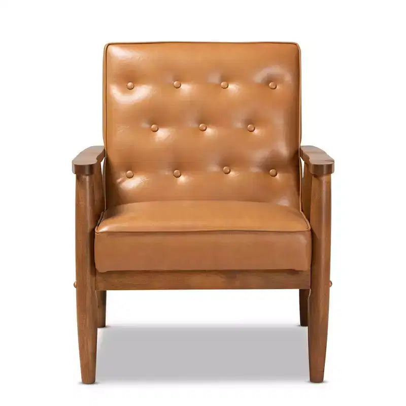 Fauteuil de salon Sorrento en bois et similicuir, style Mid-Century, noyer/marron