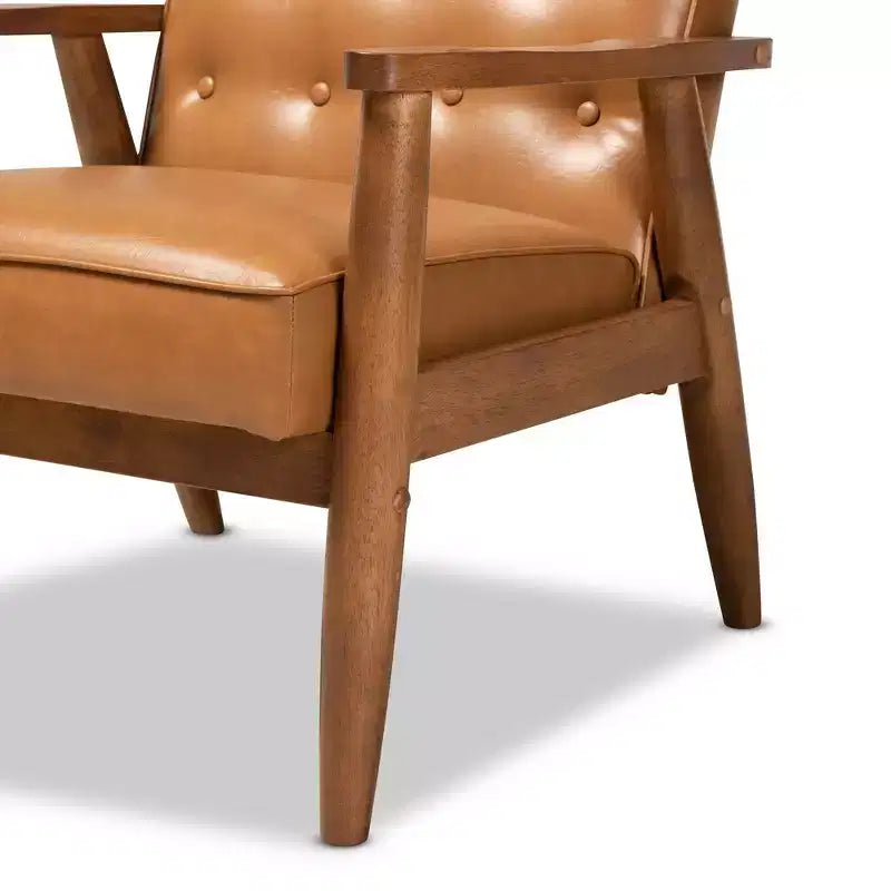 Fauteuil de salon Sorrento en bois et similicuir, style Mid-Century, noyer/marron