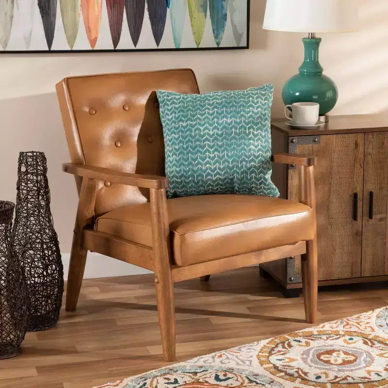 Fauteuil de salon Sorrento en bois et similicuir, style Mid-Century, noyer/marron