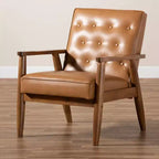 Fauteuil de salon Sorrento en bois et similicuir, style Mid-Century, noyer/marron