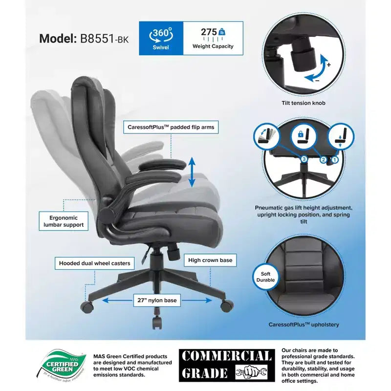 Fauteuil de bureau exécutif en similicuir noir à dossier haut et accoudoirs relevables : Ergonomique, Pivotant, Support lombaire, Hauteur réglable