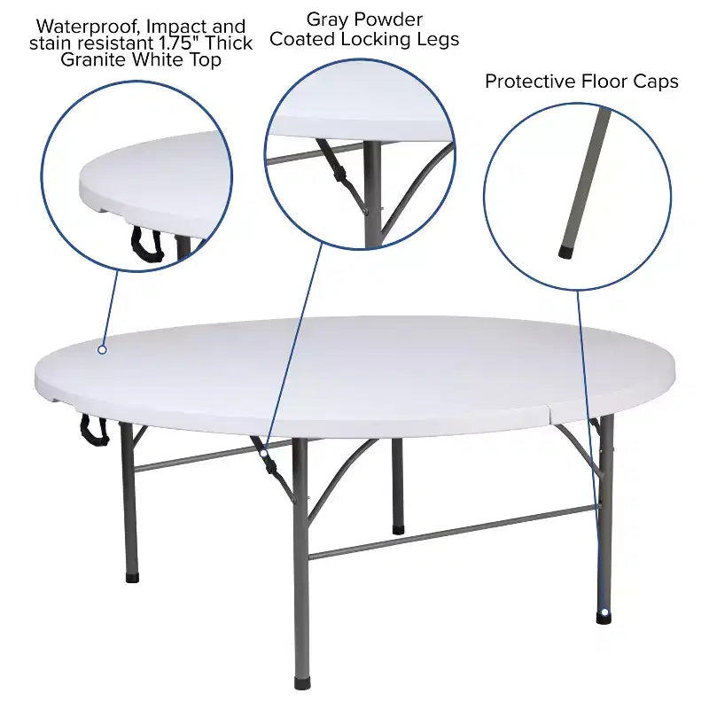 Table pliante de banquet ronde en plastique blanc granit de 1,80 m avec poignée