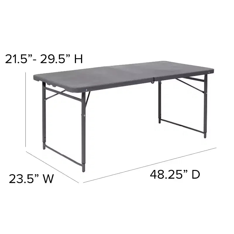 Table pliante en plastique gris foncé, réglable en hauteur (1,2 m), avec poignée