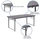 Table pliante en plastique gris foncé, réglable en hauteur (1,2 m), avec poignée