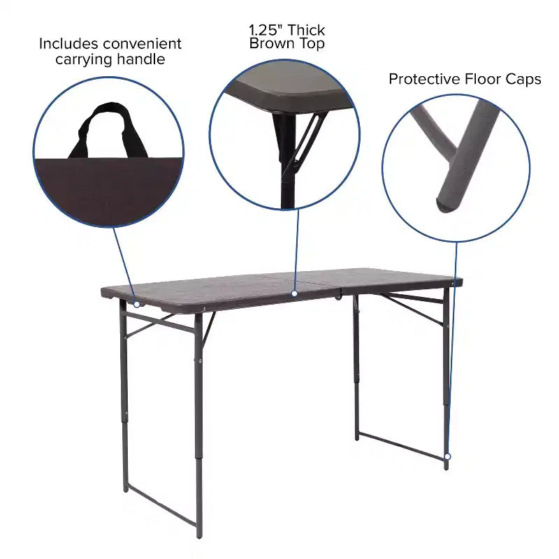 Table pliante en plastique gris foncé, réglable en hauteur (1,2 m), avec poignée