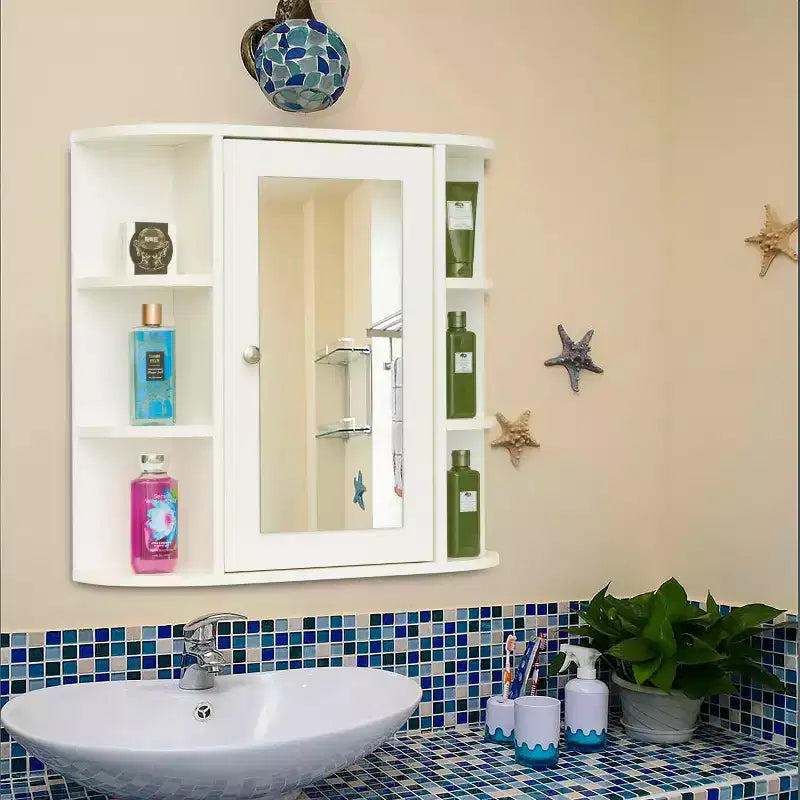 Armoire de salle de bain murale entièrement assemblée et prête à installer, avec miroir et étagères ouvertes