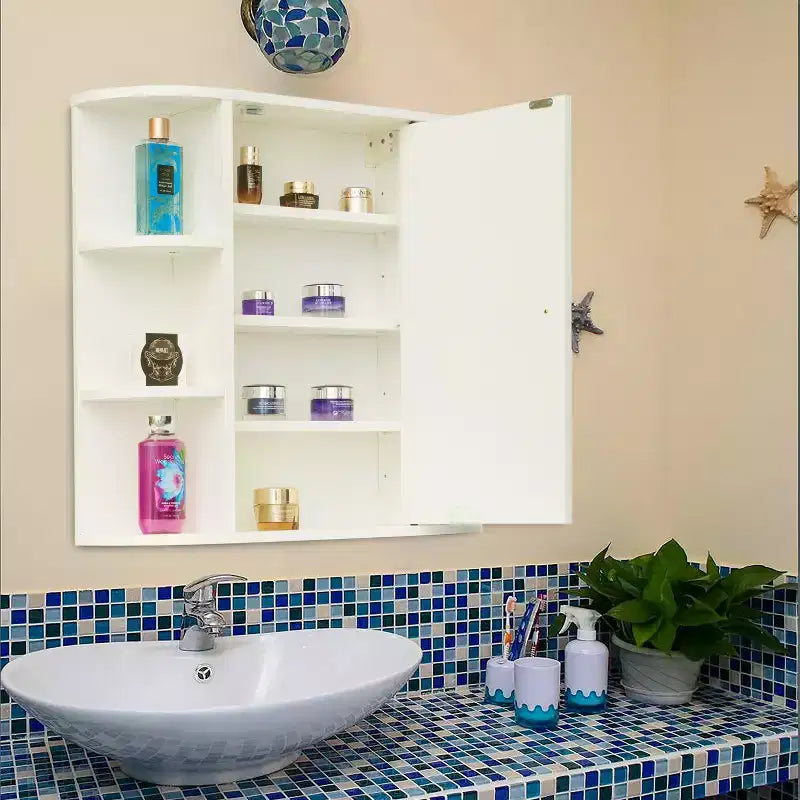 Armoire de salle de bain murale entièrement assemblée et prête à installer, avec miroir et étagères ouvertes