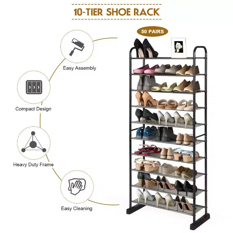 Étagère à chaussures 10 niveaux, range-chaussures peu encombrant avec cadre en métal, tour à chaussures